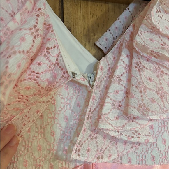 Vintage Woman’s Dress 70’s Pink Ruffle Lace Empire Waist Maxi With Satin Ribbon - Picture 4 of 9